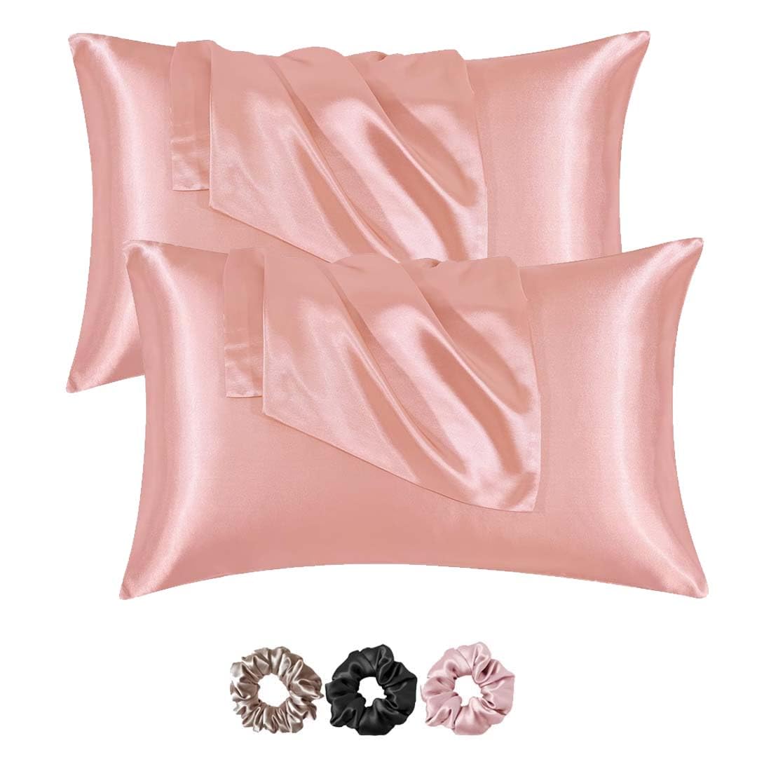 Mulberry Satin Silk Pillow Cover Set – 2-Pack with 3 Multicolor Scrunchies | 18"x28" | Envelope Closure | Hair & Skin Friendly Pillowcases
