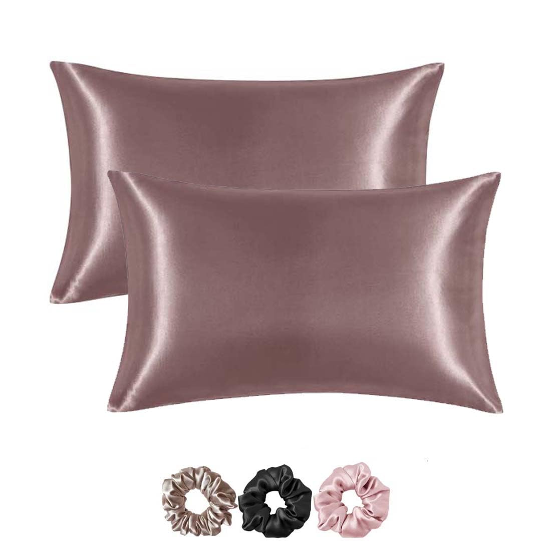 Mulberry Satin Silk Pillow Cover Set – 2-Pack with 3 Multicolor Scrunchies | 18"x28" | Envelope Closure | Hair & Skin Friendly Pillowcases