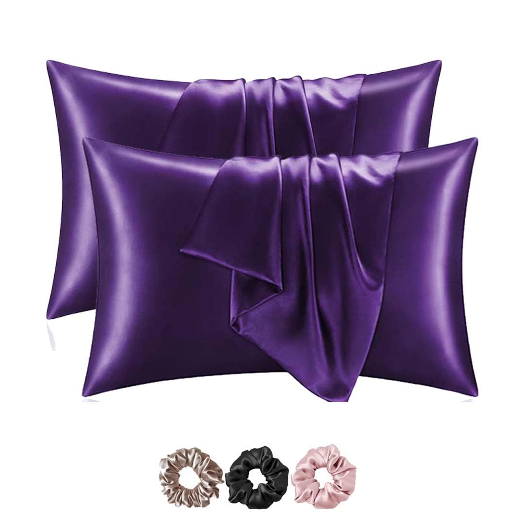 Mulberry Satin Silk Pillow Cover Set – 2-Pack with 3 Multicolor Scrunchies | 18"x28" | Envelope Closure | Hair & Skin Friendly Pillowcases