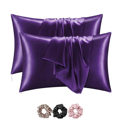 Mulberry Satin Silk Pillow Cover Set – 2-Pack with 3 Multicolor Scrunchies | 18"x28" | Envelope Closure | Hair & Skin Friendly Pillowcases