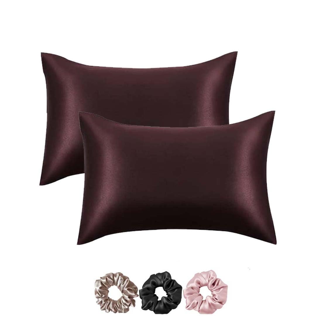Mulberry Satin Silk Pillow Cover Set – 2-Pack with 3 Multicolor Scrunchies | 18"x28" | Envelope Closure | Hair & Skin Friendly Pillowcases