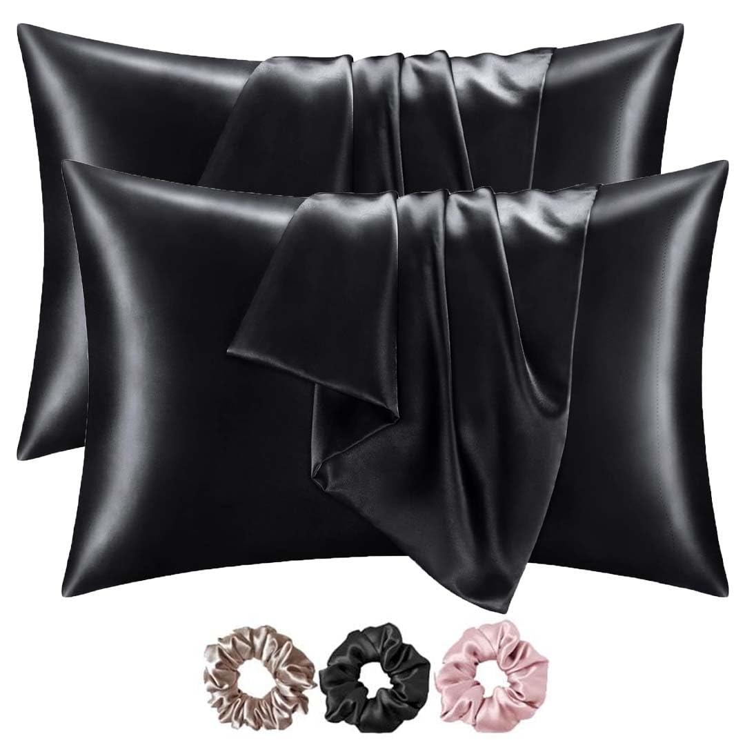 Mulberry Satin Silk Pillow Cover Set – 2-Pack with 3 Multicolor Scrunchies | 18"x28" | Envelope Closure | Hair & Skin Friendly Pillowcases