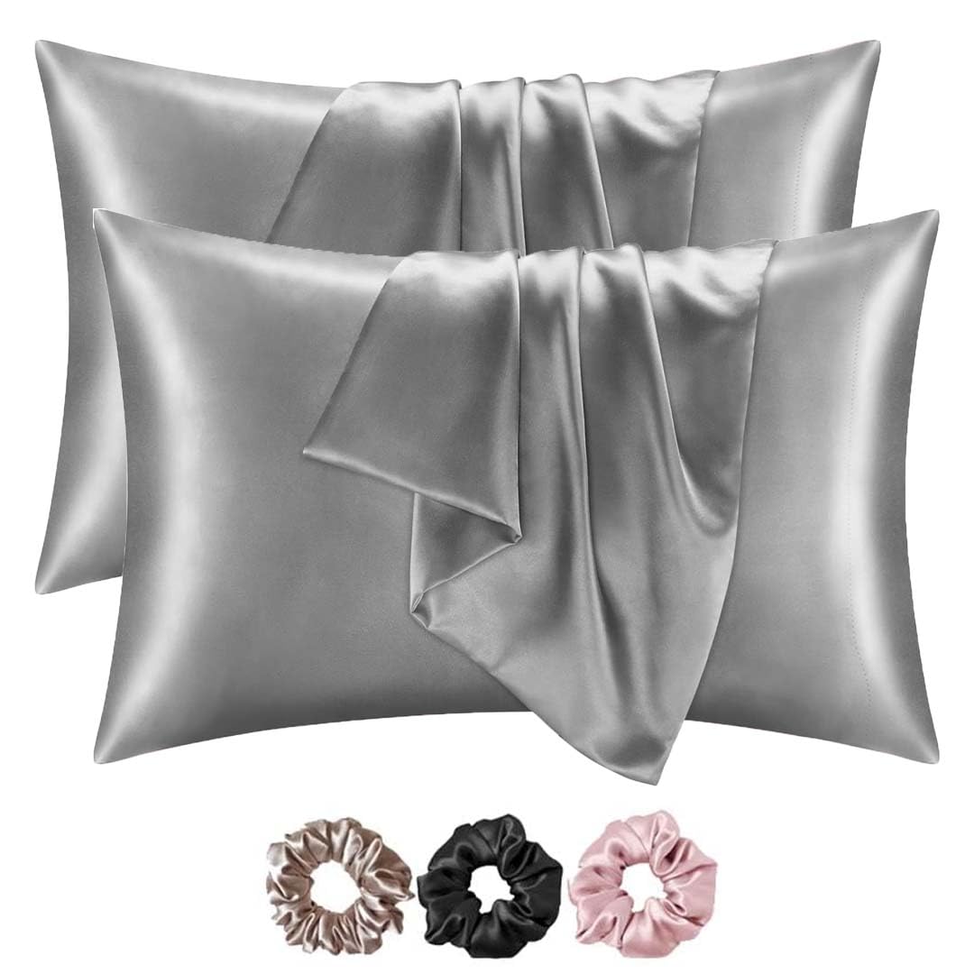Mulberry Satin Silk Pillow Cover Set – 2-Pack with 3 Multicolor Scrunchies | 18"x28" | Envelope Closure | Hair & Skin Friendly Pillowcases