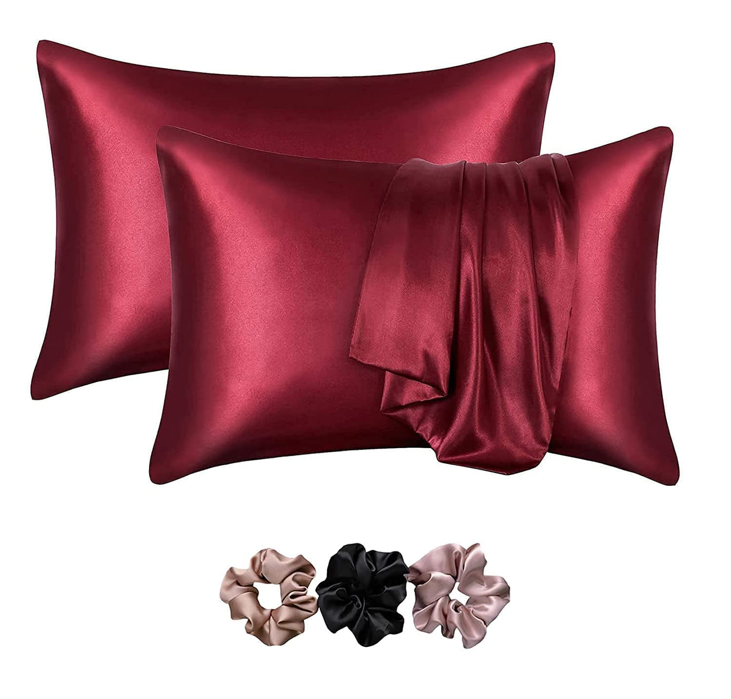 Mulberry Satin Silk Pillow Cover Set – 2-Pack with 3 Multicolor Scrunchies | 18"x28" | Envelope Closure | Hair & Skin Friendly Pillowcases