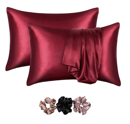 Mulberry Satin Silk Pillow Cover Set – 2-Pack with 3 Multicolor Scrunchies | 18"x28" | Envelope Closure | Hair & Skin Friendly Pillowcases