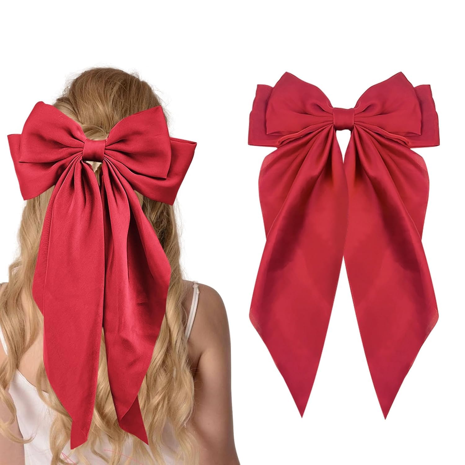 Big Satin Layered Hair Bow for Women & Girls – 11-Inch Long Barrette Clip | Elegant Oversized Bow with Long Tails | Fashion Hair Accessory