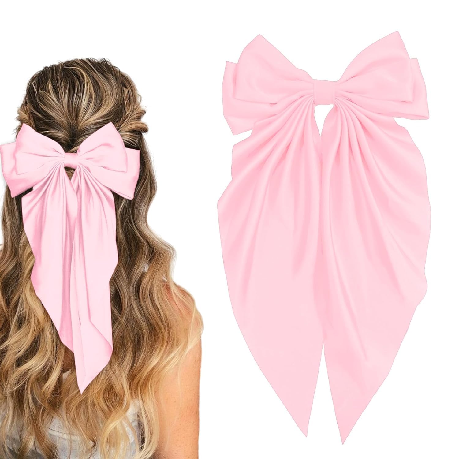 Big Satin Layered Hair Bow for Women & Girls – 11-Inch Long Barrette Clip | Elegant Oversized Bow with Long Tails | Fashion Hair Accessory