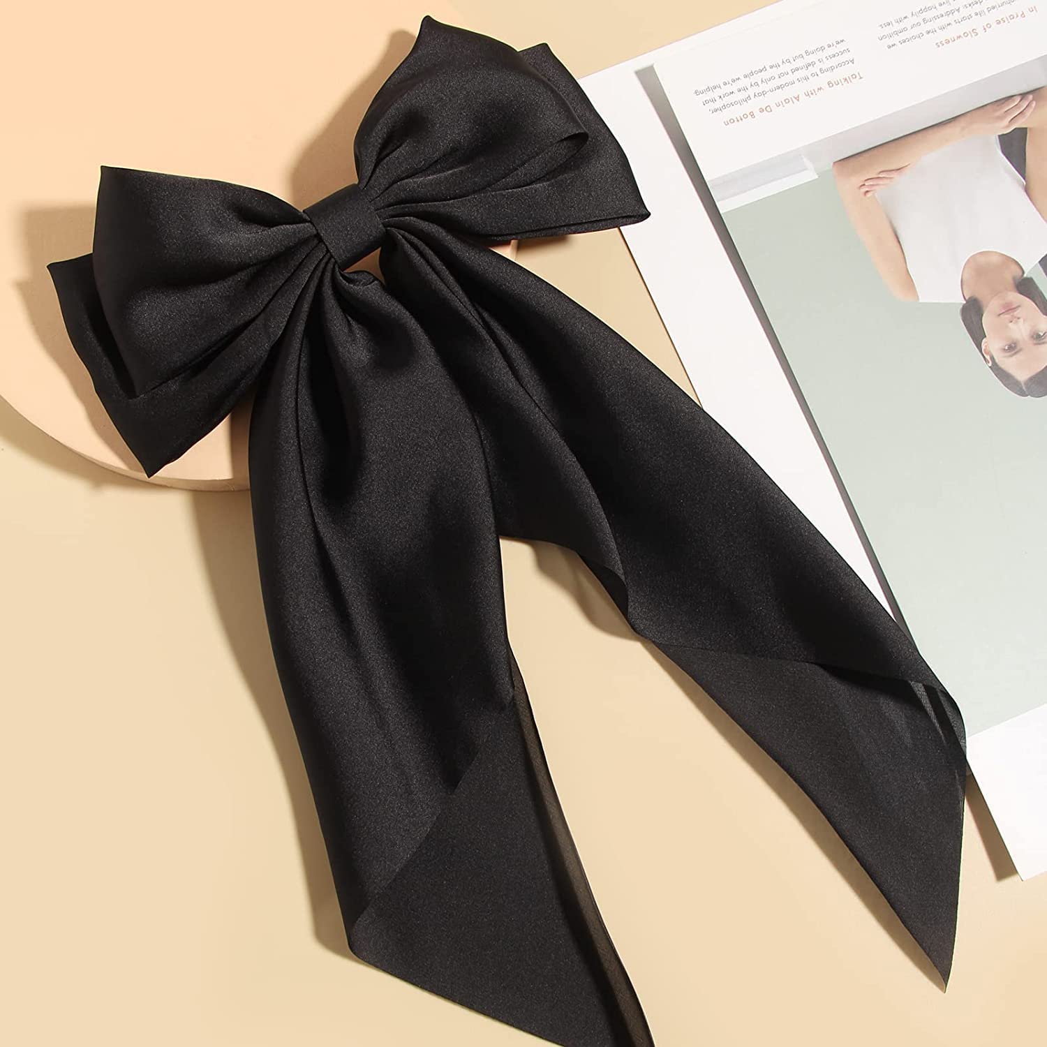Big Satin Layered Hair Bow for Women & Girls – 11-Inch Long Barrette Clip | Elegant Oversized Bow with Long Tails | Fashion Hair Accessory