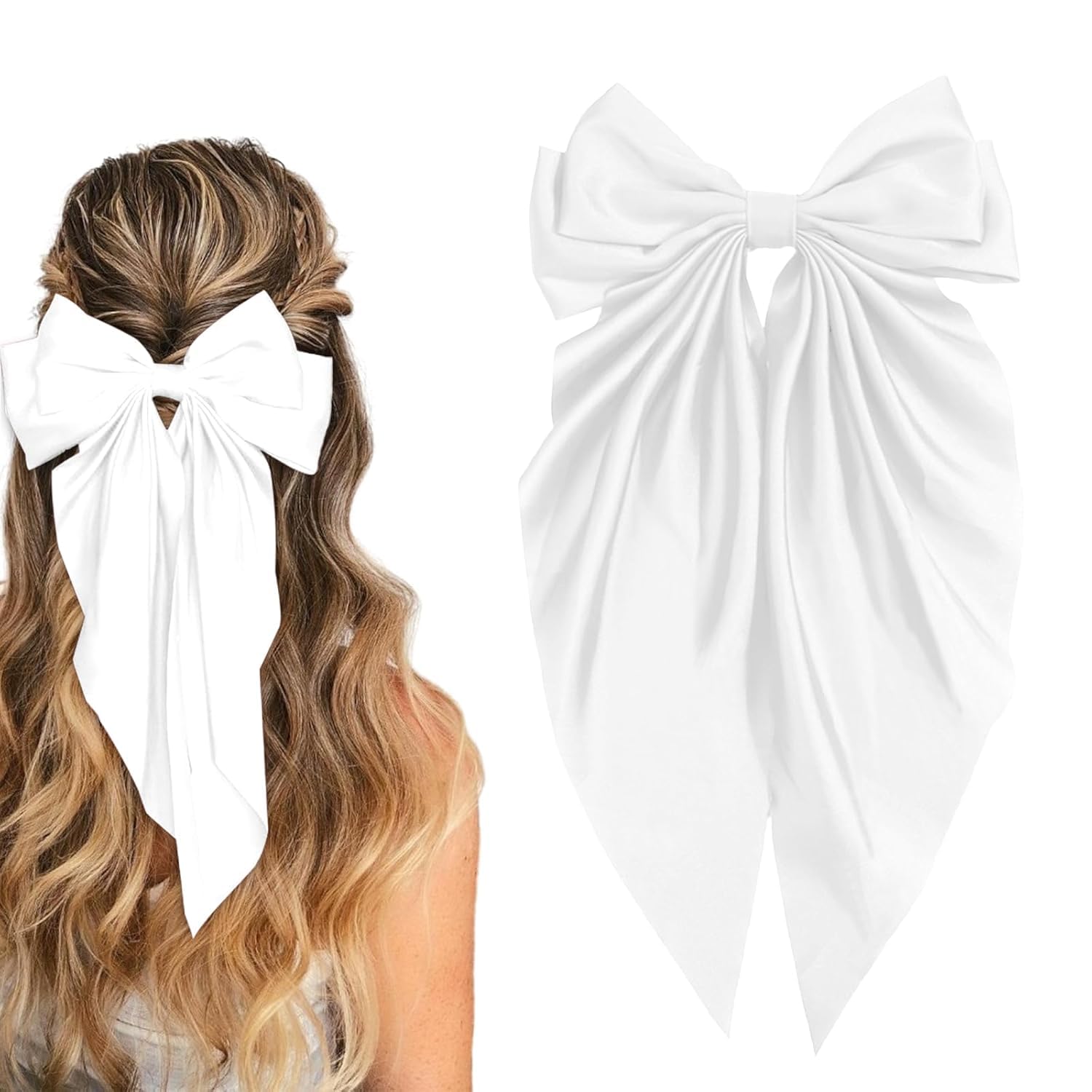Big Satin Layered Hair Bow for Women & Girls – 11-Inch Long Barrette Clip | Elegant Oversized Bow with Long Tails | Fashion Hair Accessory