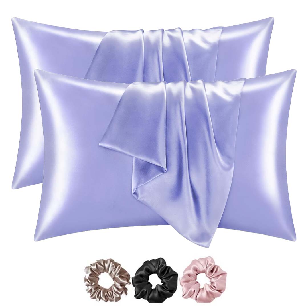 Mulberry Satin Silk Pillow Cover Set – 2-Pack with 3 Multicolor Scrunchies | 18"x28" | Envelope Closure | Hair & Skin Friendly Pillowcases