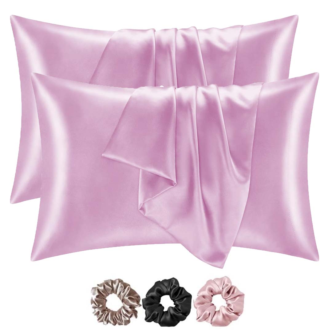 Mulberry Satin Silk Pillow Cover Set – 2-Pack with 3 Multicolor Scrunchies | 18"x28" | Envelope Closure | Hair & Skin Friendly Pillowcases